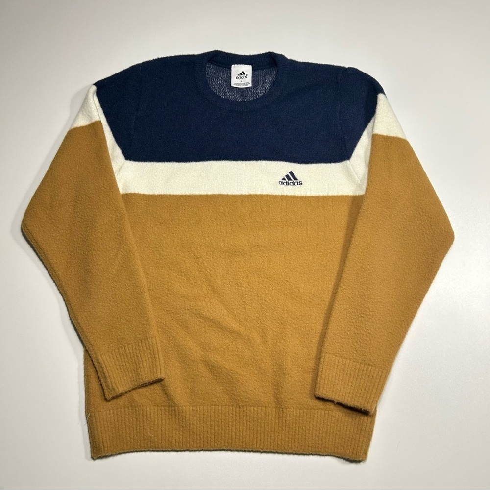 Vintage Adidas Y2K Colorblock Crewneck Knit Sweater Navy Blue Yellow Size Large